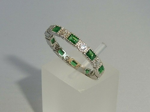 Ladies Art Deco Halo Style 925 Sterling Silver Sapphire & Emerald Eternity Ring - Picture 5 of 10