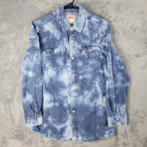 Levi's Shirt Youth Size L Pearl Snap Western Blue Fade Long Sleeve Rodeo Cowgirl