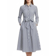 J. Crew Navy and White Vertical Stripe Shirt Dress with Waist Bow