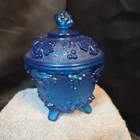 VTG 1950s Jeanette Glass Footed Covered Cobalt Blue Candy Dish Grape Leaf