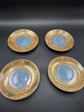Vintage Japan Lusterware Tea Cup Saucers Set of 4   Gold Floral Blue Center