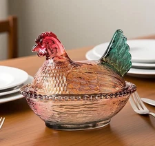 Vintage Glass Hen on Nest Dish Lid Large Pedestal Rooster Candy Bowl Colorful