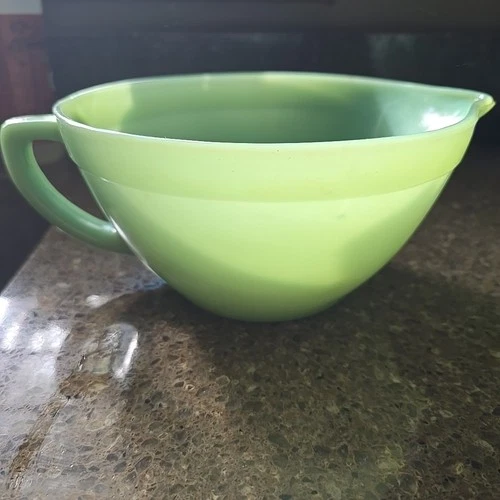 Vintage Anchor Hocking Jadeite Fire King Round Handled Batter Bowl with Spout