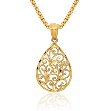 14K Solid Yellow Gold Filigree Teardrop Necklace