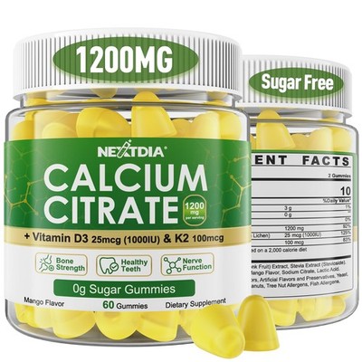 Calcium Citrate Gummies 1200mg with Vitamin D3 K2, Chewable Calcium Supplemen...