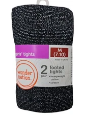 Girls Heavyweight Tights 2 Pack Red Black Footed Tights Sz M 7/10 Wonder Nation