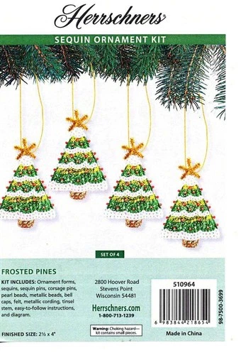 NEW HERRSCHNERS FROSTED PINES SEQUIN ORNAMENT KIT SET OF 4