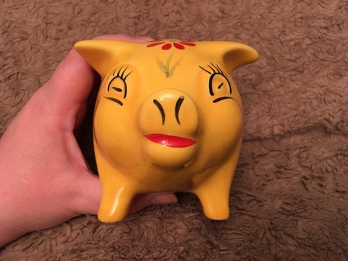 Vintage Pottery Yellow Hand Painted Floral Pig Moneybox. - Picture 9 of 11