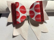 COCA-COLA 3 LAYERED HAIR BOW, RED AND WHITE, HOMEMADE, 5.5" LONG, 5" TALL