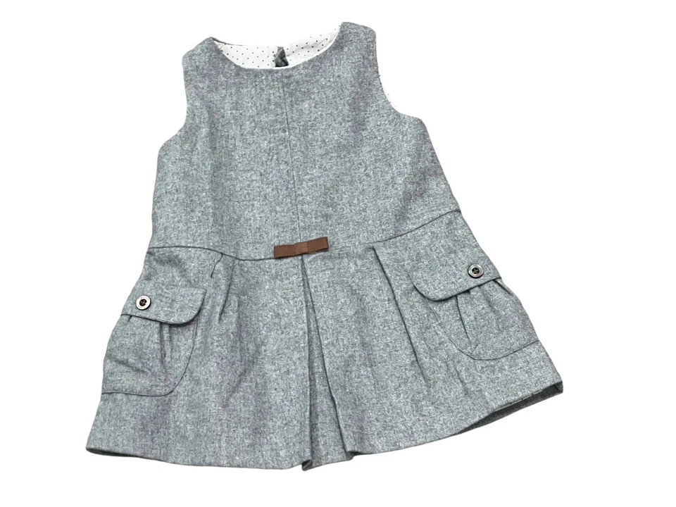 VESTIDO JACADI PARÍS FRANCIA NIÑAS 12M GRIS LANA SIN MANGAS PLISADO BOLSILLOS JUMPER Foto 3 de 4
