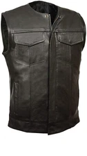 SOA Men's Biker Club Leather Motorcycle Vest Concealed Carry Arms Solid Back 
