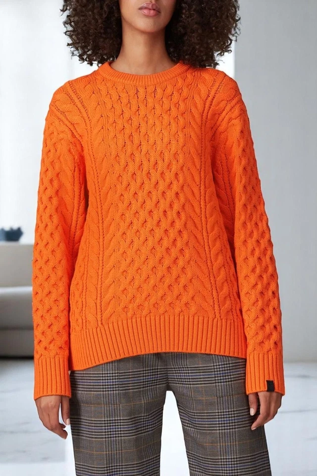 Suéter Pullover Tejido con Cable Rag & Bone Aran Lana Merino Naranja Talla Pequeña Foto 2 de 4
