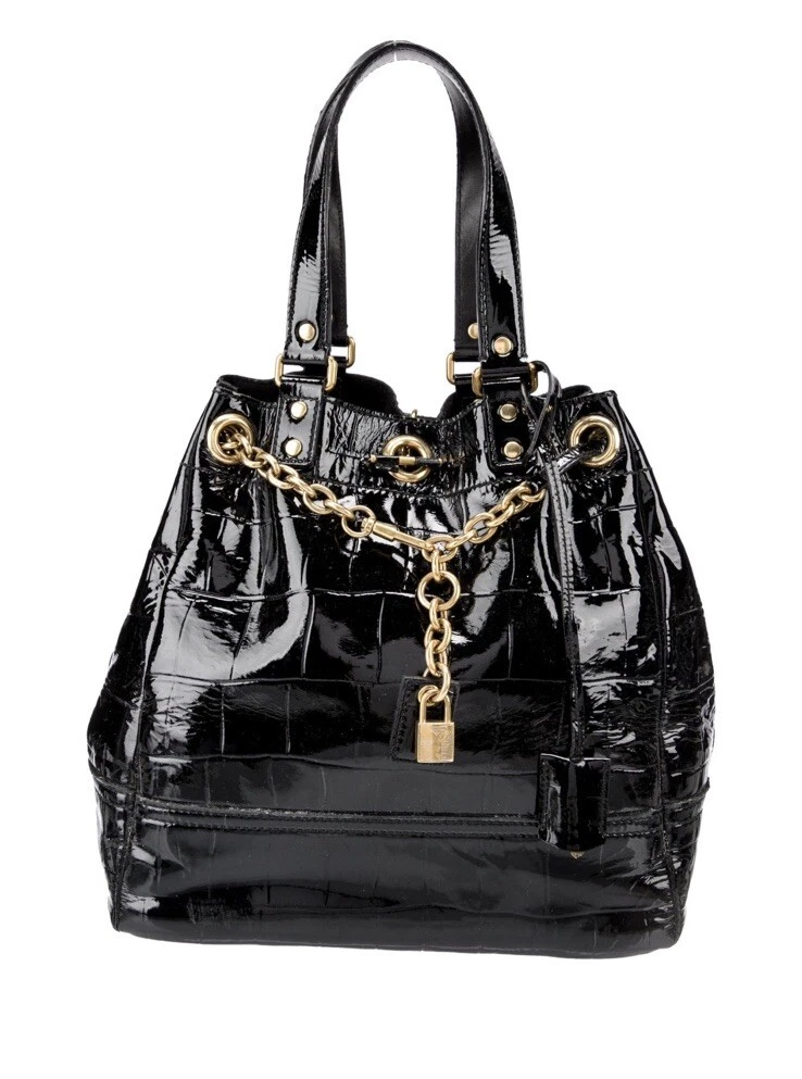 Yves Saint Laurent Black Croc Embossed Patent Leather Overseas Tote Bag