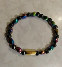 Magnetic Hematite Bracelet 7.5" Rainbow, Black & Gold Handmade Arthritis Relief