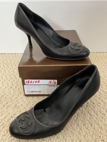 Gucci Interlocking GG Logo Contrast Embroidered Black Leather Classic Pumps 5.5 - Picture 2 of 16