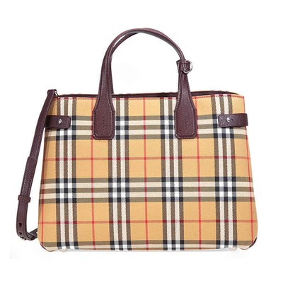 Burberry Medium Banner Vintage Check and Leather Tote- Deep Claret 5045554703231 | eBay