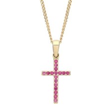 9ct Gold Simulated RUBY & CZ Cross REVERSIBLE Pendant Necklace + 18" Chain