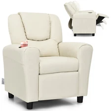 Honeyjoy Kids Recliner Chair PU Leather Armrest Sofa w/Footrest Cup Holder Beige