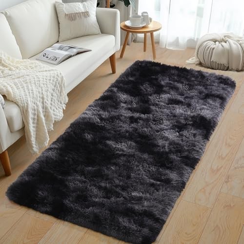 Fluffy Rug Runners 2x6, Super Soft Black Grey Tie-Dyed Bedside Rug, Runner