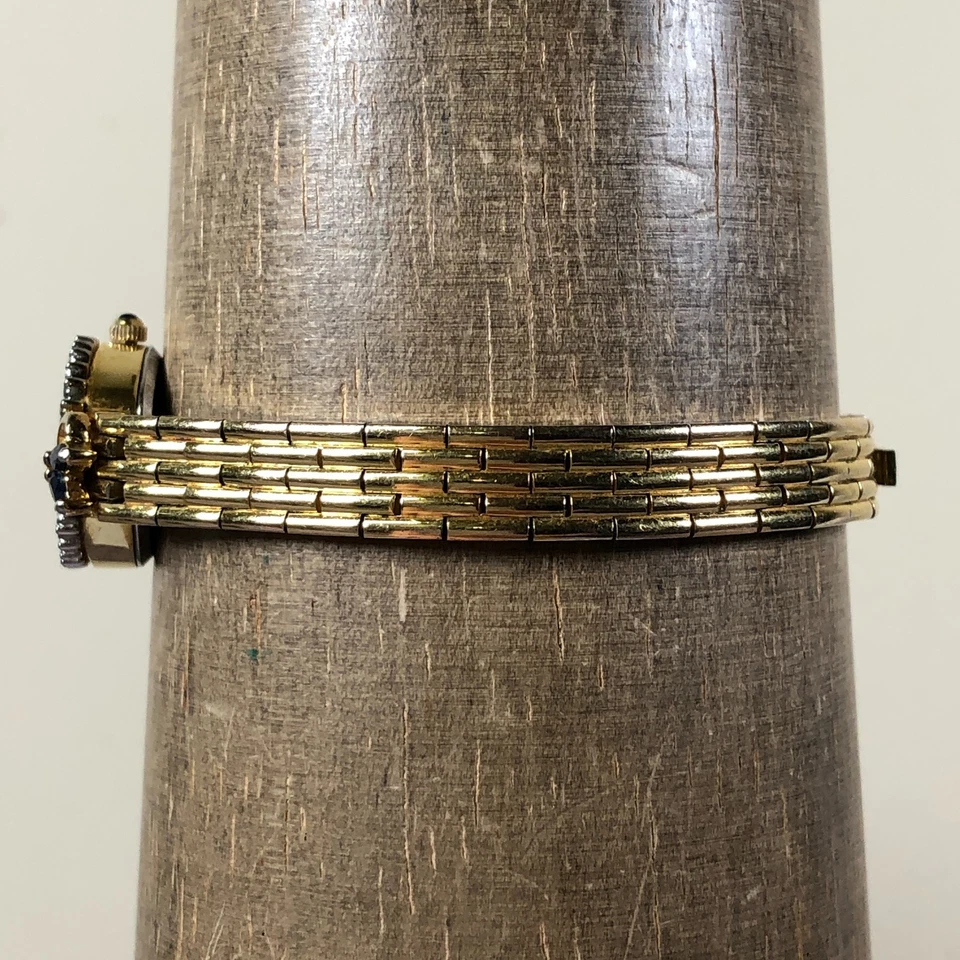 Reloj Geneva Mujer Lujo Bisel Zafiro Azul Tono Dorado Ovalado 18mm 7" Foto 3 de 4