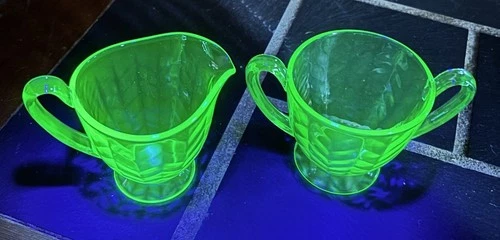 Vintage Uranium Green Depression Glass Creamer Sugar Bowl Set Coin Dot Optic