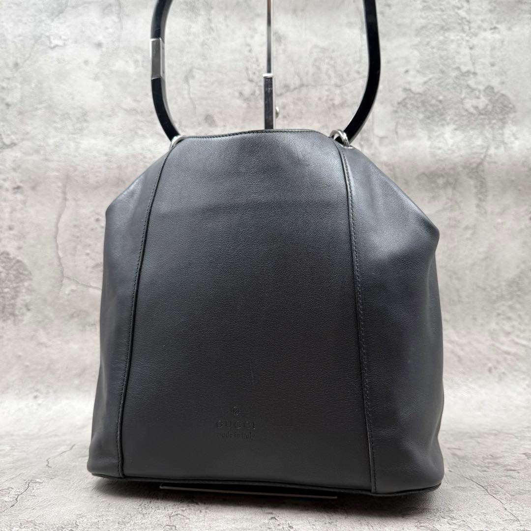 GUCCI Women's Drawstring Shoulder Bag Handbag Leather Black Used