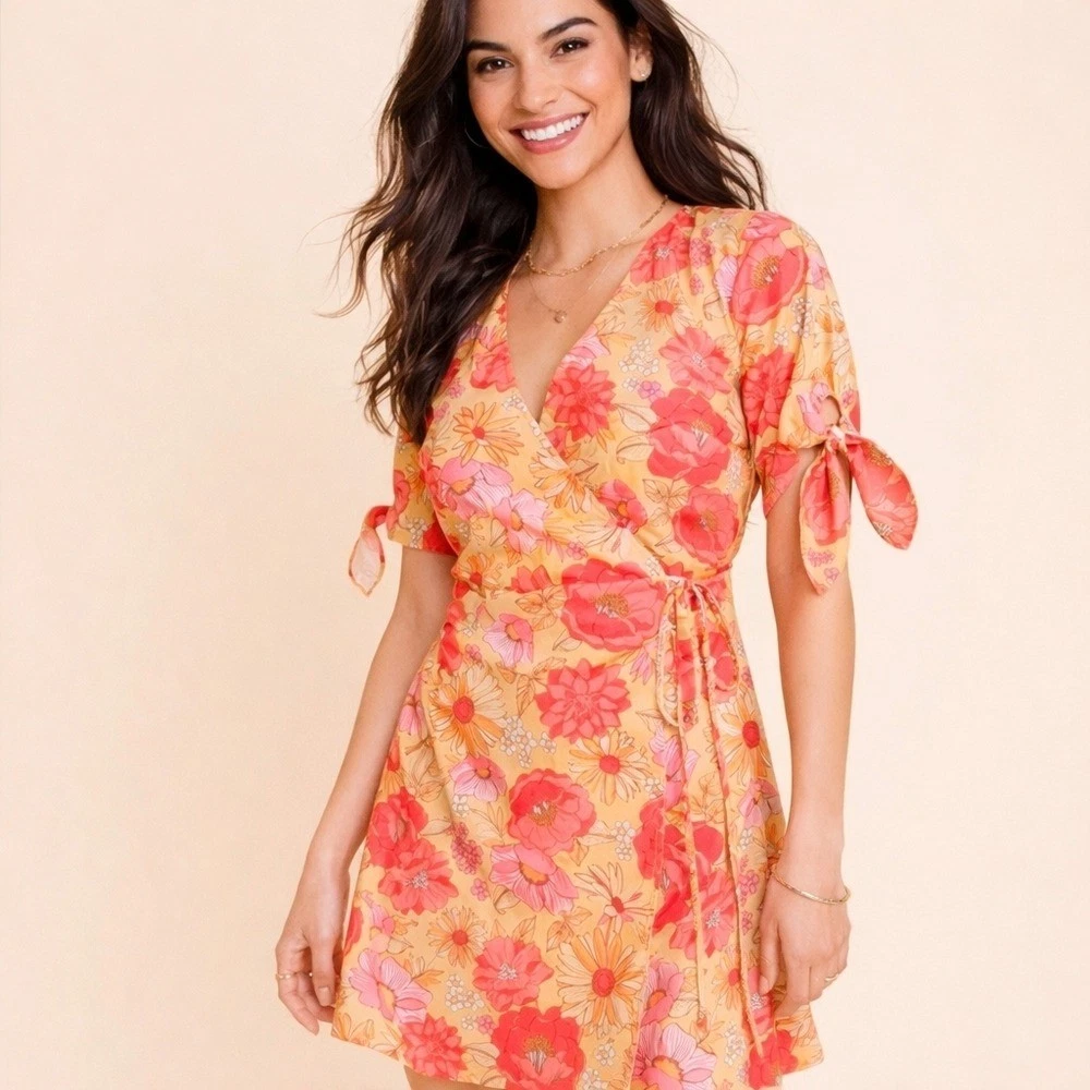 Mi Ami Mod Floral Mini Wrap Dress Tie Cuff Orange Yellow Surplice