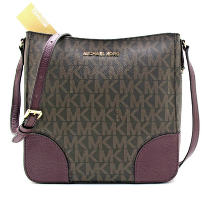 NEW Authentic MICHAEL KORS HATTIE Lg Messenger Leather/ MK Signature Brown/Plum