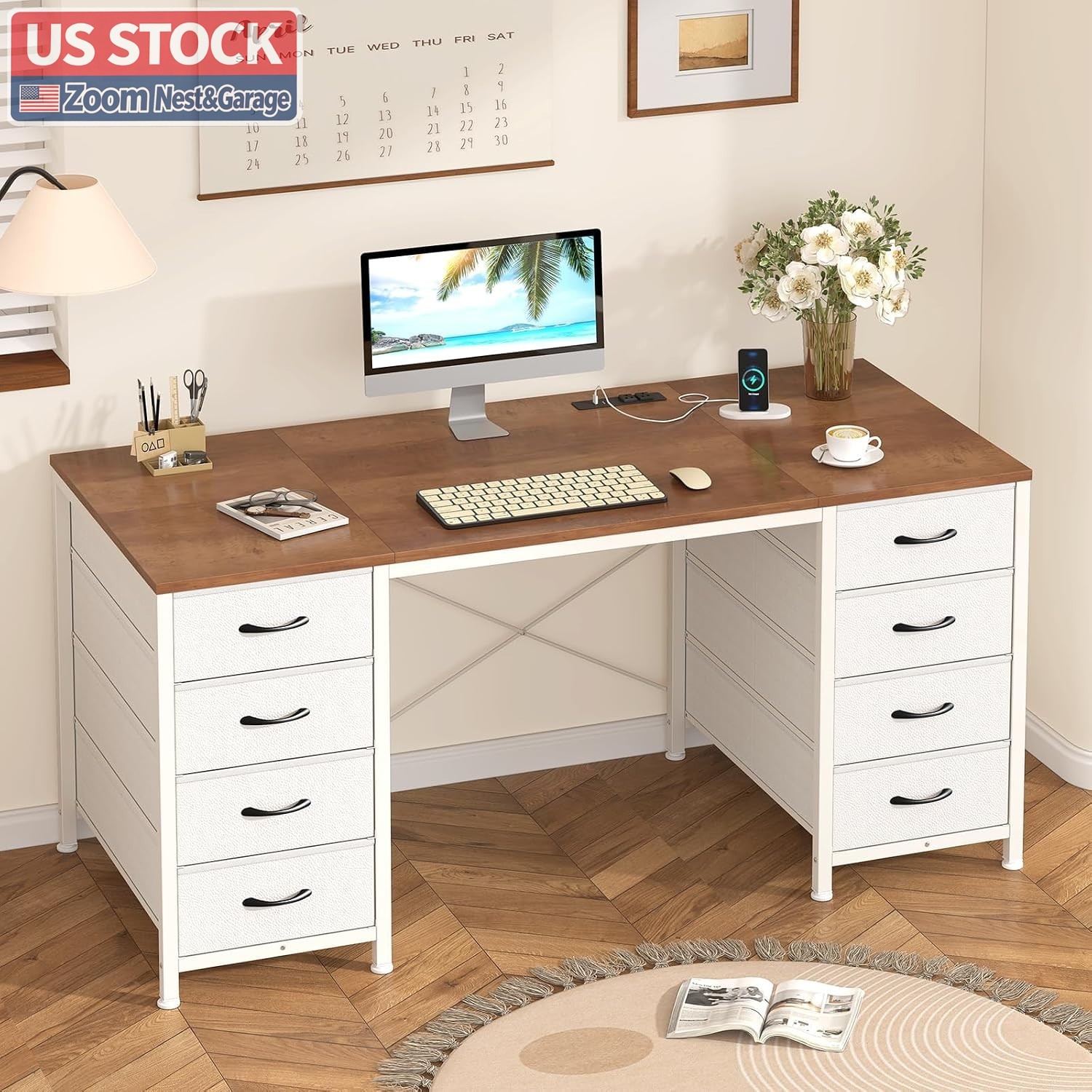 US Stock 50in Computer Desk 8 Drawers Home Office Power Outlets Brown White