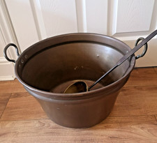 Large Antique Victorian copper jam pan and brass ladle, brass rivitted handles 