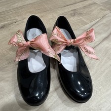 Spotlights Girls Size 13 Black Dance Tap Shoes With Pink Gold Ribbon Bow