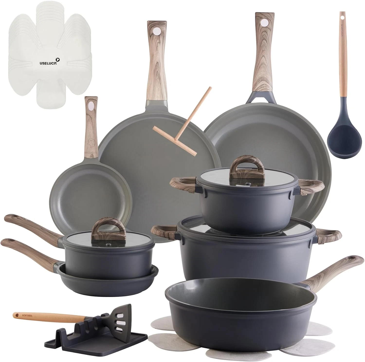 22-Piece Nonstick Ceramic Cookware Set - Gray Granite, Induction Compatible