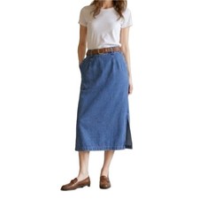 Eddie Bauer Denim Skirt 30" Waist Blue Midi Side Button Detail Slit Vintage 90s