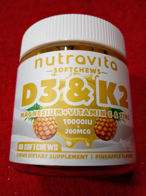 NUTRAVITA Sugar-Free Vitamin D3 K2 Chews 60 Count PINEAPPLE ~ Exp 3/27