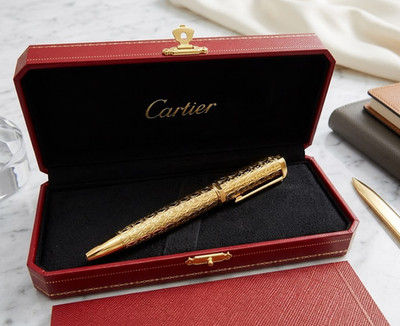 Cartier Gold Engraved Ballpoint Pen Luxury w Red Gift Box New