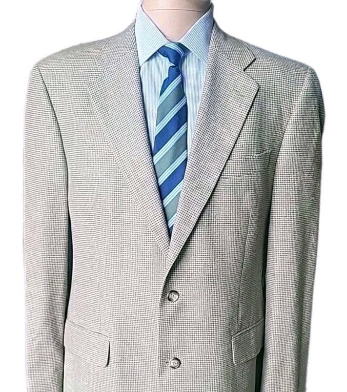 Brooks Brothers 346 Blazer Mens 42L Beige Gingham Silk Wool Linen Suit Jacket