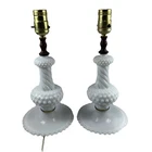 Pair Vintage Hobnail Milk Glass Table Lamps Electric White 13” Tested
