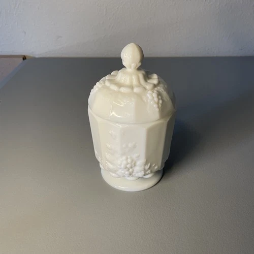 Vintage Westmoreland Milk Glass Paneled Grape Covered Candy Dish/Compote