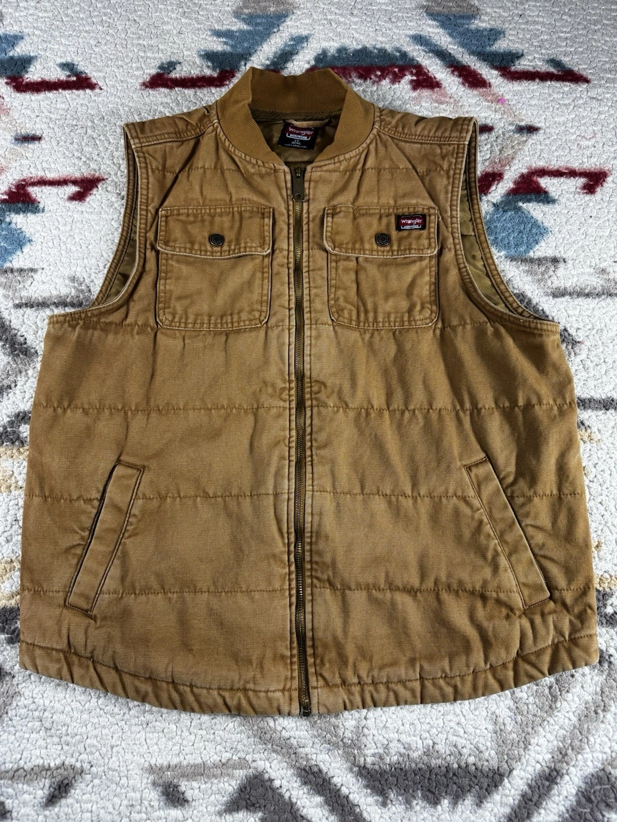 Wrangler Workwear Vest Mens Large Duck Brown Quilted Lined Canvas Work Full Zip