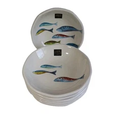6 EFFETTI Pasta Bowl Set, Handcrafted In Italy, 8.75", Multicolor Fish, New 