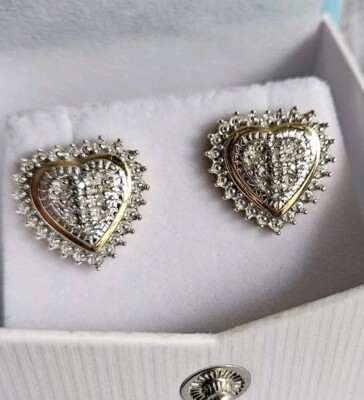 Elegante natürliche Diamant Herz Ohrstecker, Sterlingsilber mit 14kt Overlay