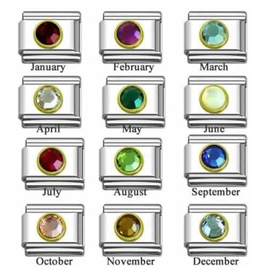 Rhinestone 9mm Italian Charm Bracelet Link Choose Your Birthday Birthstone Charm