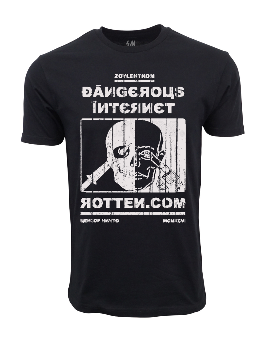 90s ROTTEN DOT COM 'DANGEROUS INTERNET' RARE GRAPHIC BLACK T-SHIRT