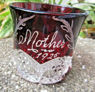 Vintage Ruby Flash Stained Red Pressed Glass Small Glass, Mother 1925 2½'' Tall