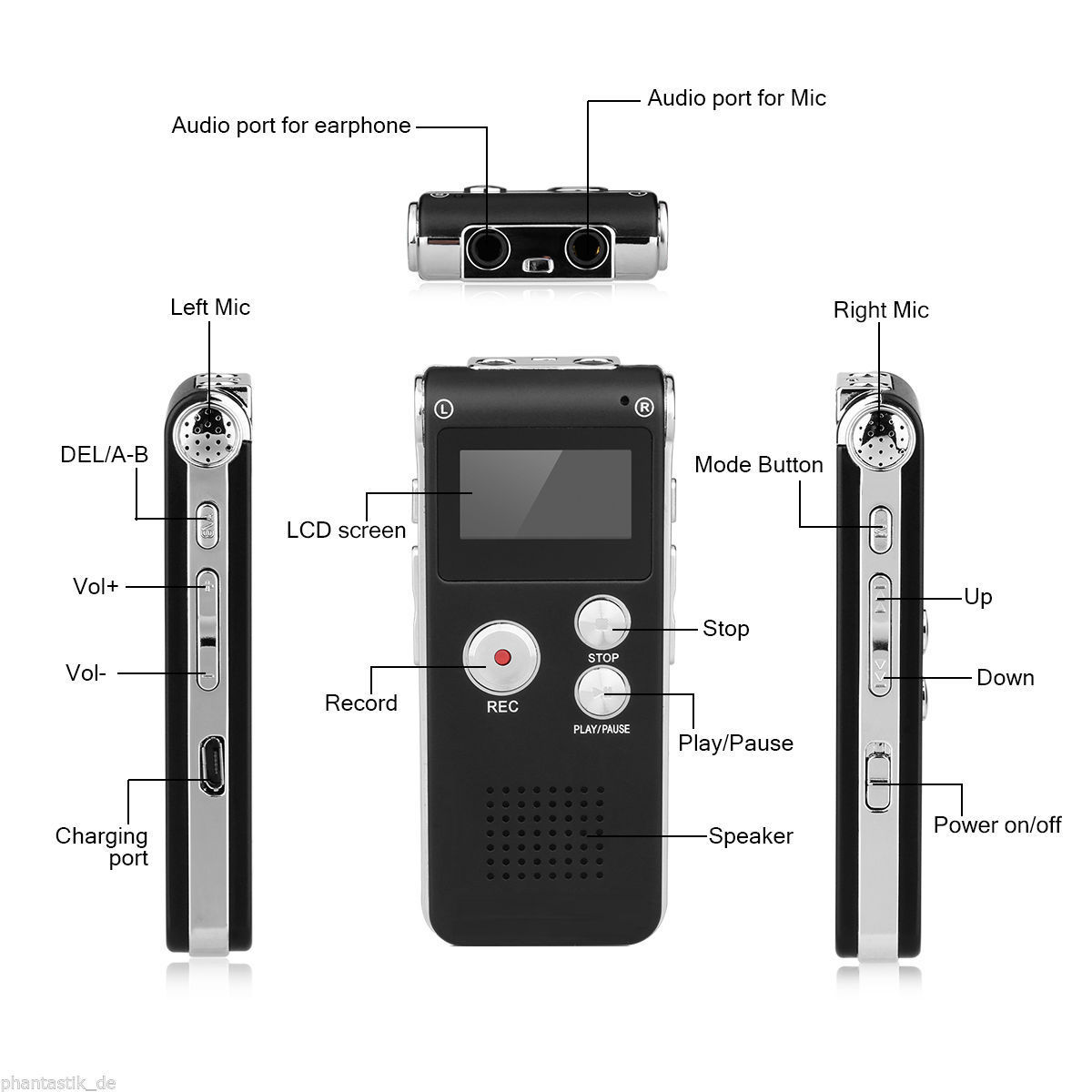 Enregistreur de son USB 32 Go Dictaphone numérique Rechargeable Lecteur MP3 Réduction du bruit