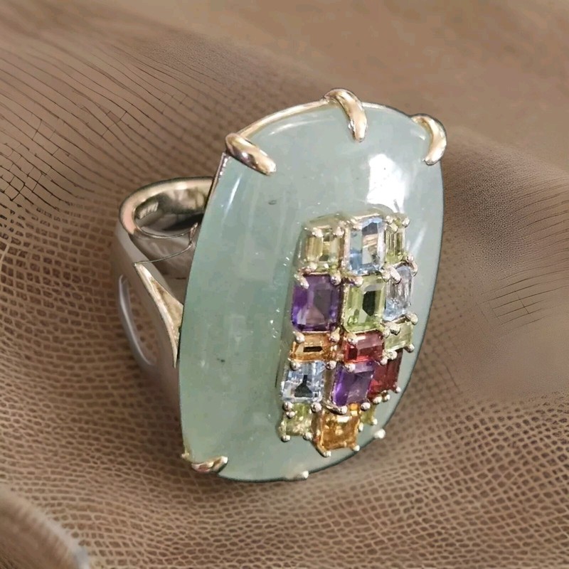 925 KYJ China: Gold Over Ster Silver Fused Adventurine Multi Stone Cocktail Ring