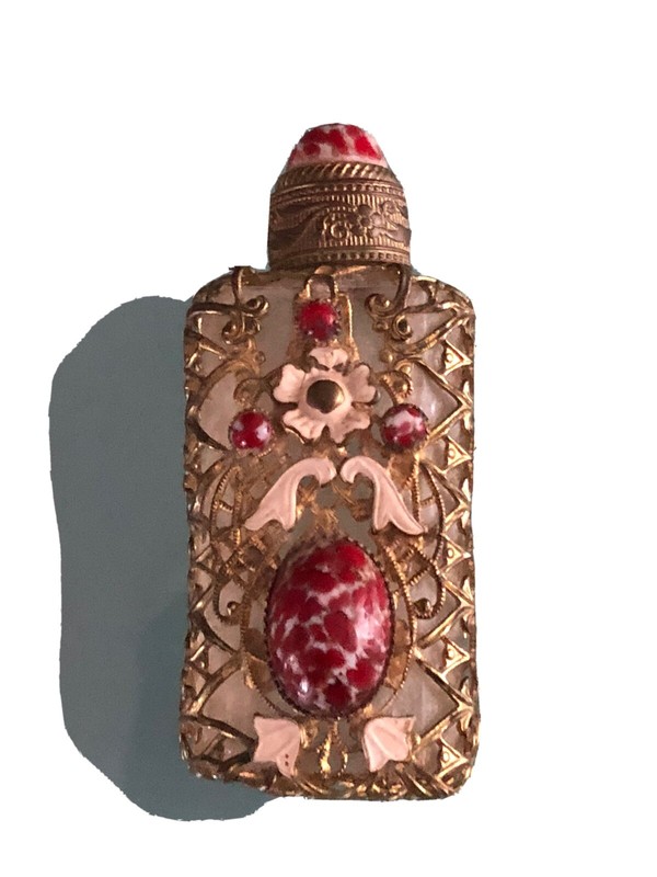 Vtg Glass Perfume Bottle W/ Gold Tone Filigree & Stone Accents 2.5 X 1 in