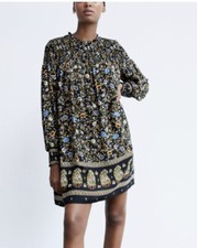 Zara Smocked Long Sleeve Floral Print Dress M Swing Fall