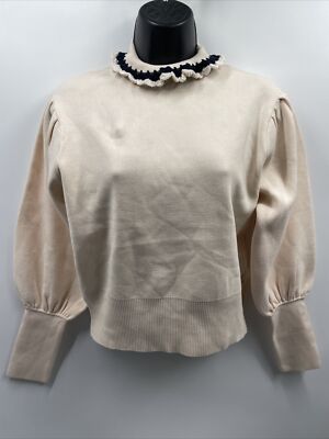 SANDRO Women's Ridane Puff Sleeve Mock Neck ECRU / Marine Sweater Size 0