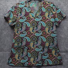 GT Performance Womens Ethnic Paisley Scrub Top Sz S Multi Short Sleeves Pockets